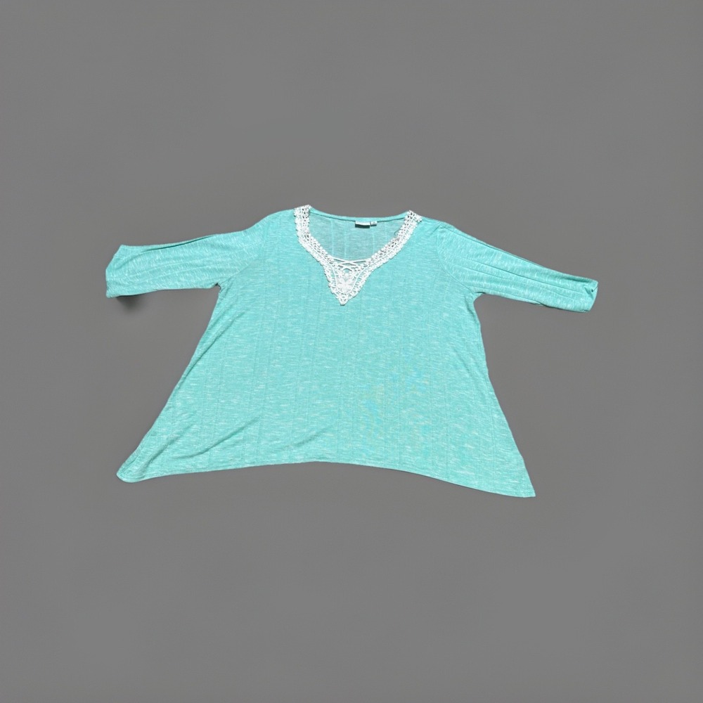 kim rogers 2x mint green 3/4 sleeve crochet v neck tunic top